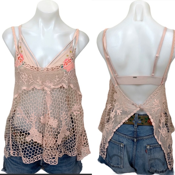 Poof! Festival Crochet Sheer Lace Spaghetti Strap Camisole in Pink